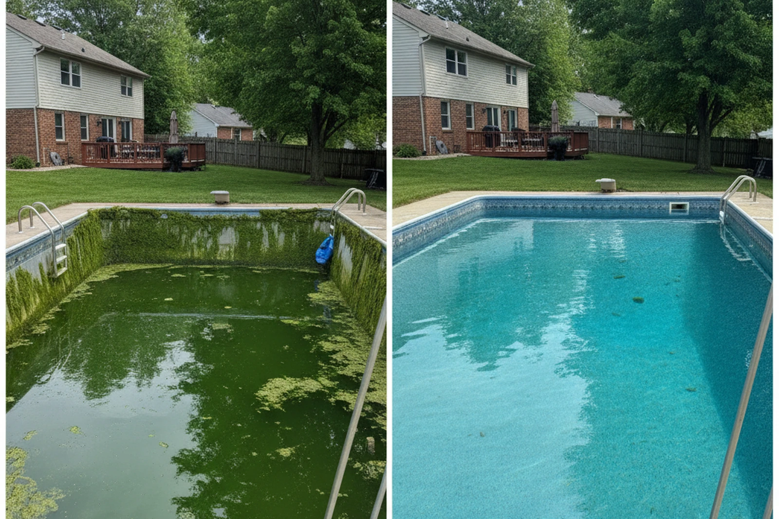 Green pool algae cleanup before and after Kettering Ohio Montgomery County Dayton area algae treatment crystal clear