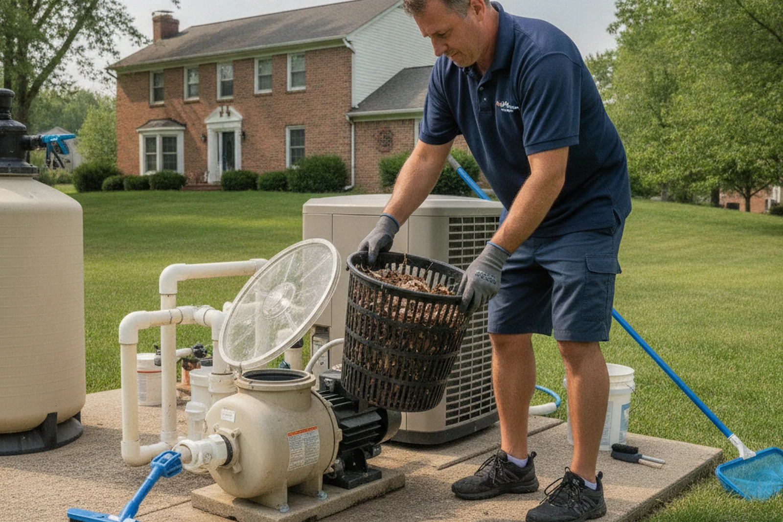 Pool pump basket check equipment maintenance Kettering Ohio Montgomery County residential pool service Tony Dayton area