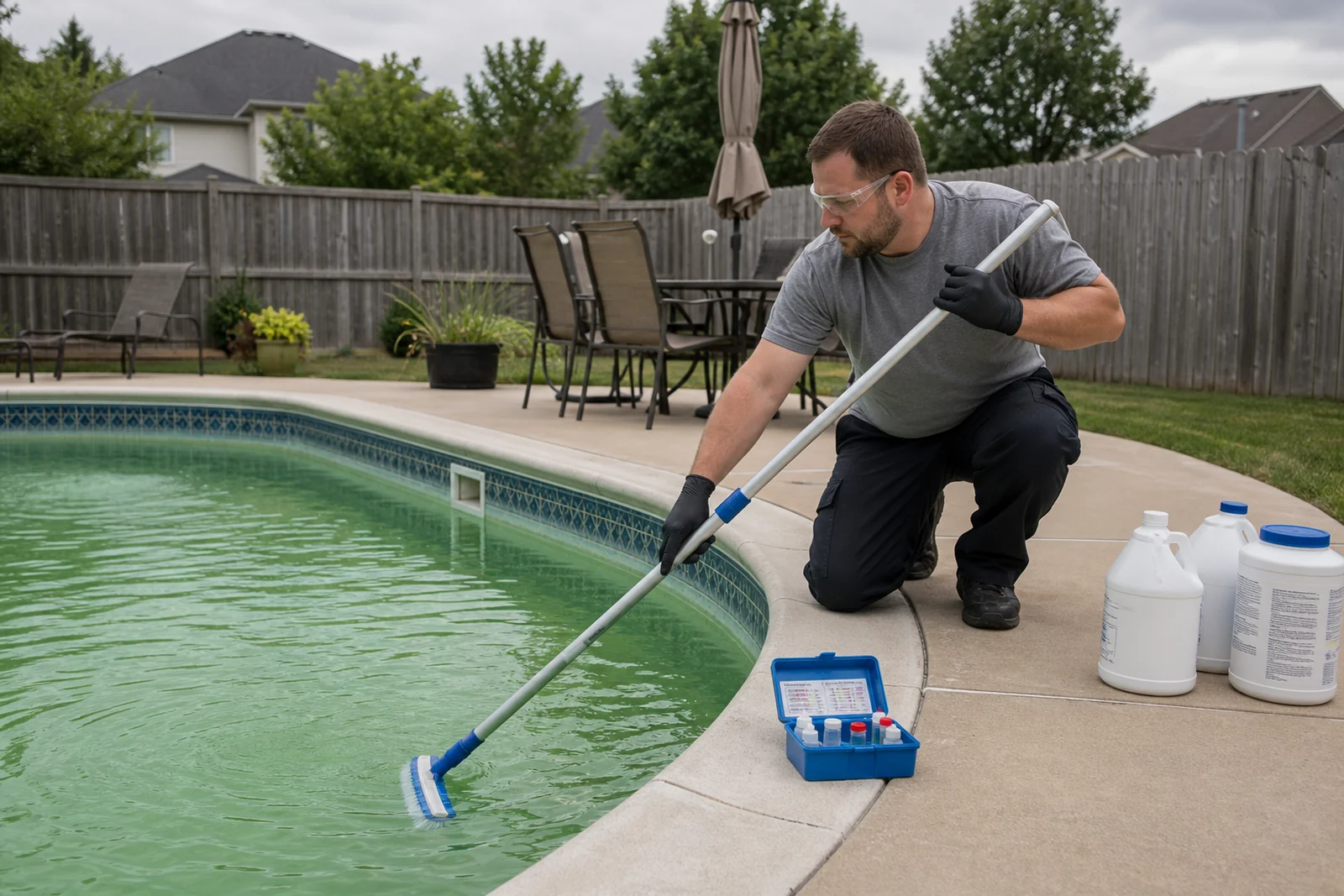 Pool technician brushing a green residential pool from the deck during algae cleanup in Kettering Ohio