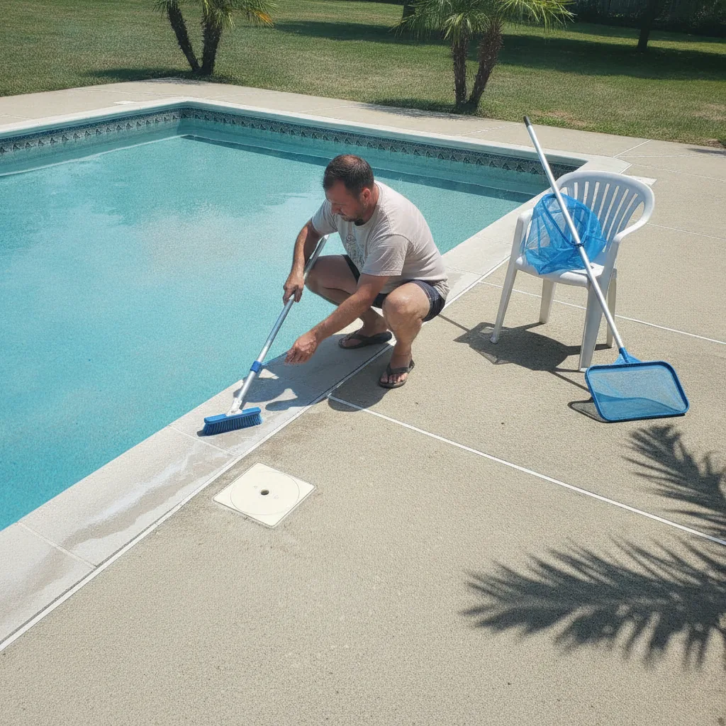 Pool tile waterline brushing and sunscreen film removal Kettering Ohio residential pool maintenance