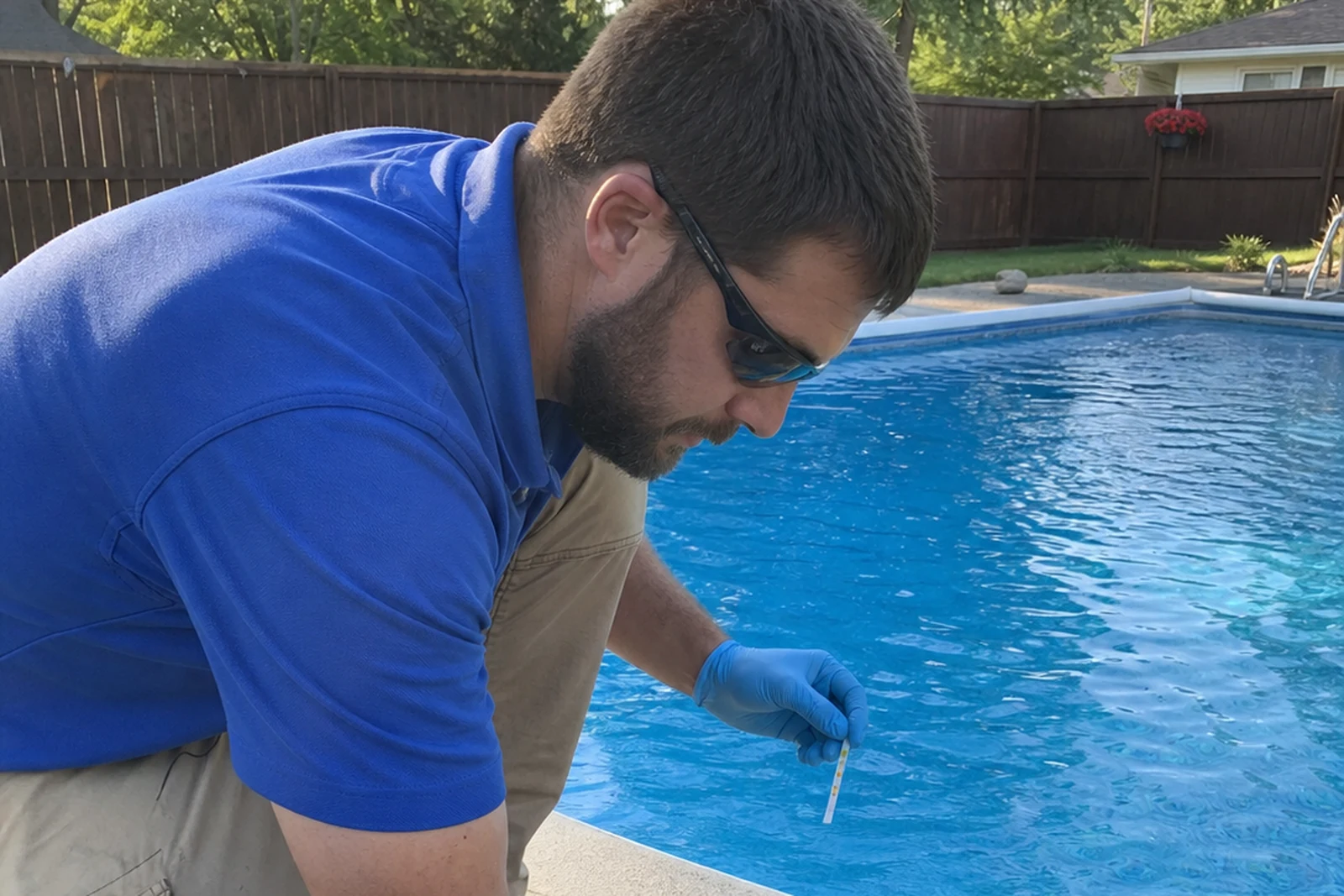 Pool technician checking residential pool water with a test strip from the deck in Kettering Ohio