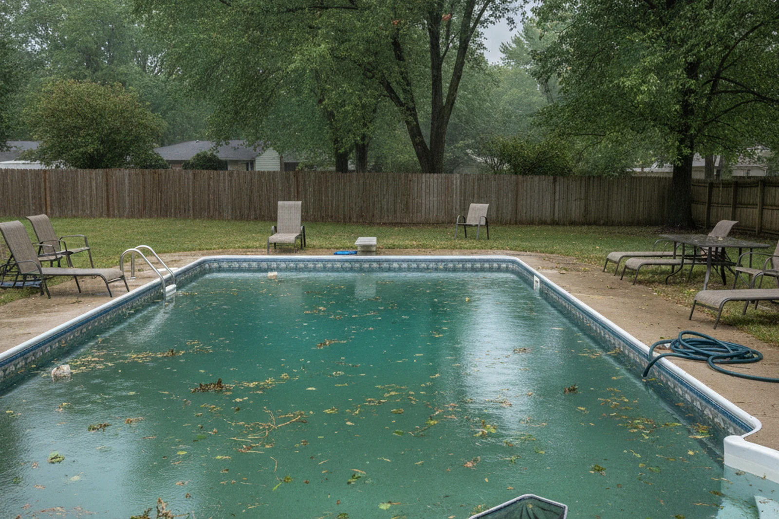 Post-storm pool condition Kettering Ohio Montgomery County cloudy water storm debris Dayton thunderstorm chemistry adjustment